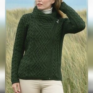 AranCrafts Blue Side Zip Cable Knit 100% Marino Wool Sweater Medium